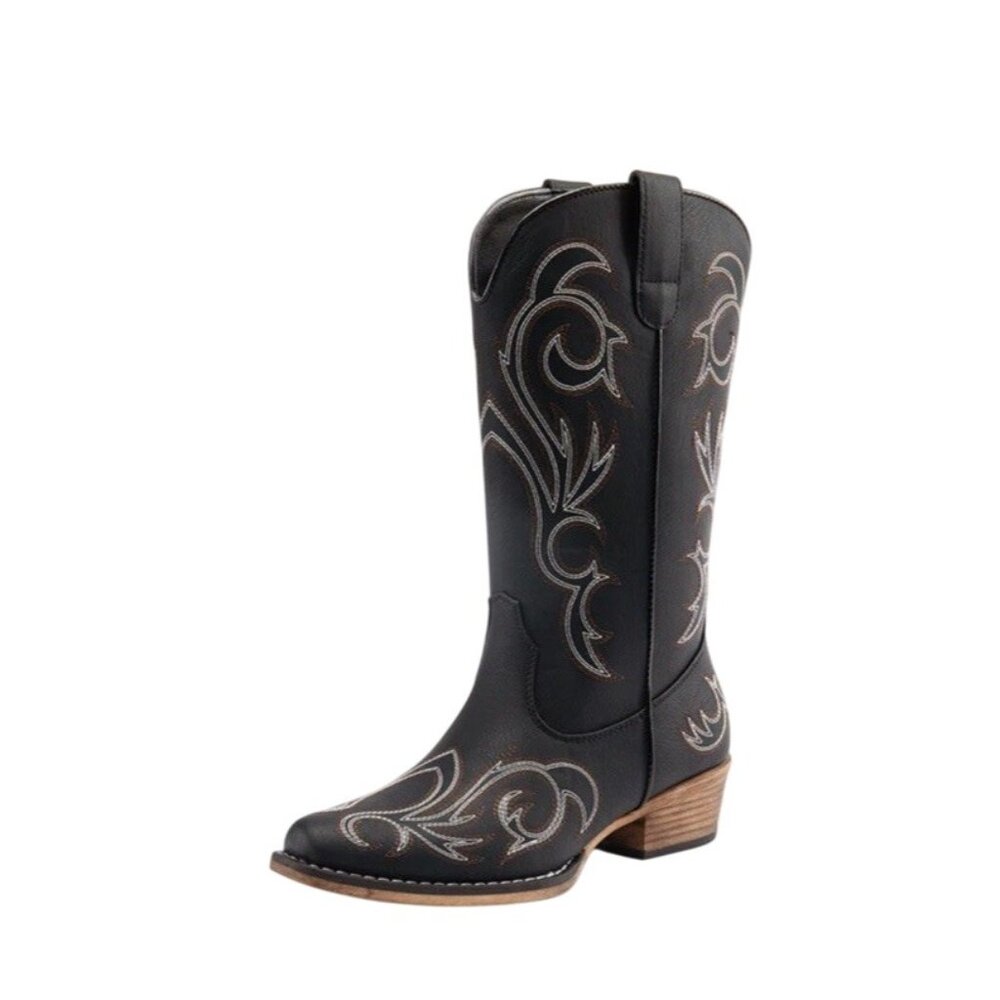 Women 8 Square-toe Mid-Calf Cowgirl Boots Embroidered Western Black- Dream Paris - Picture 8 of 14